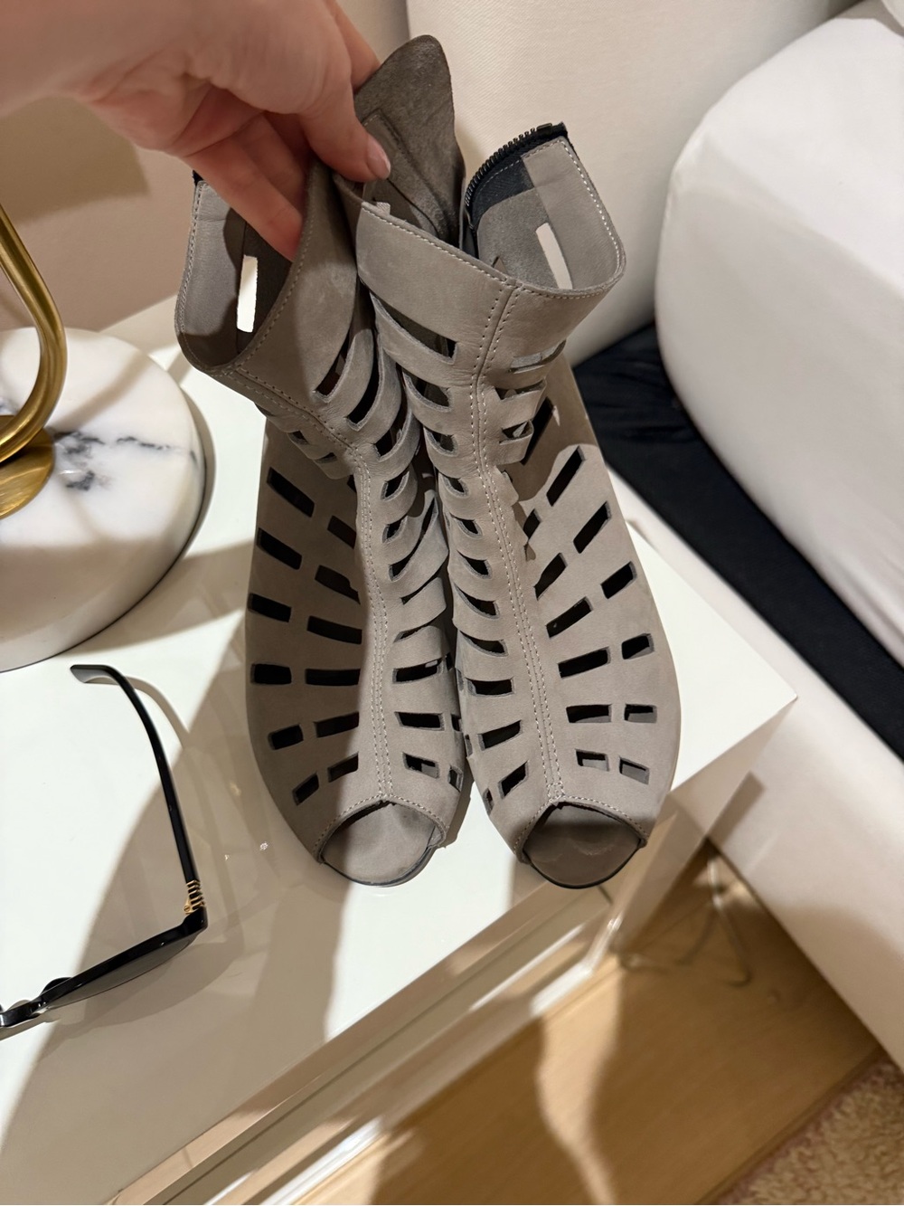 Arche Gray Laser-Cut Peep-Toe Ankle Boots